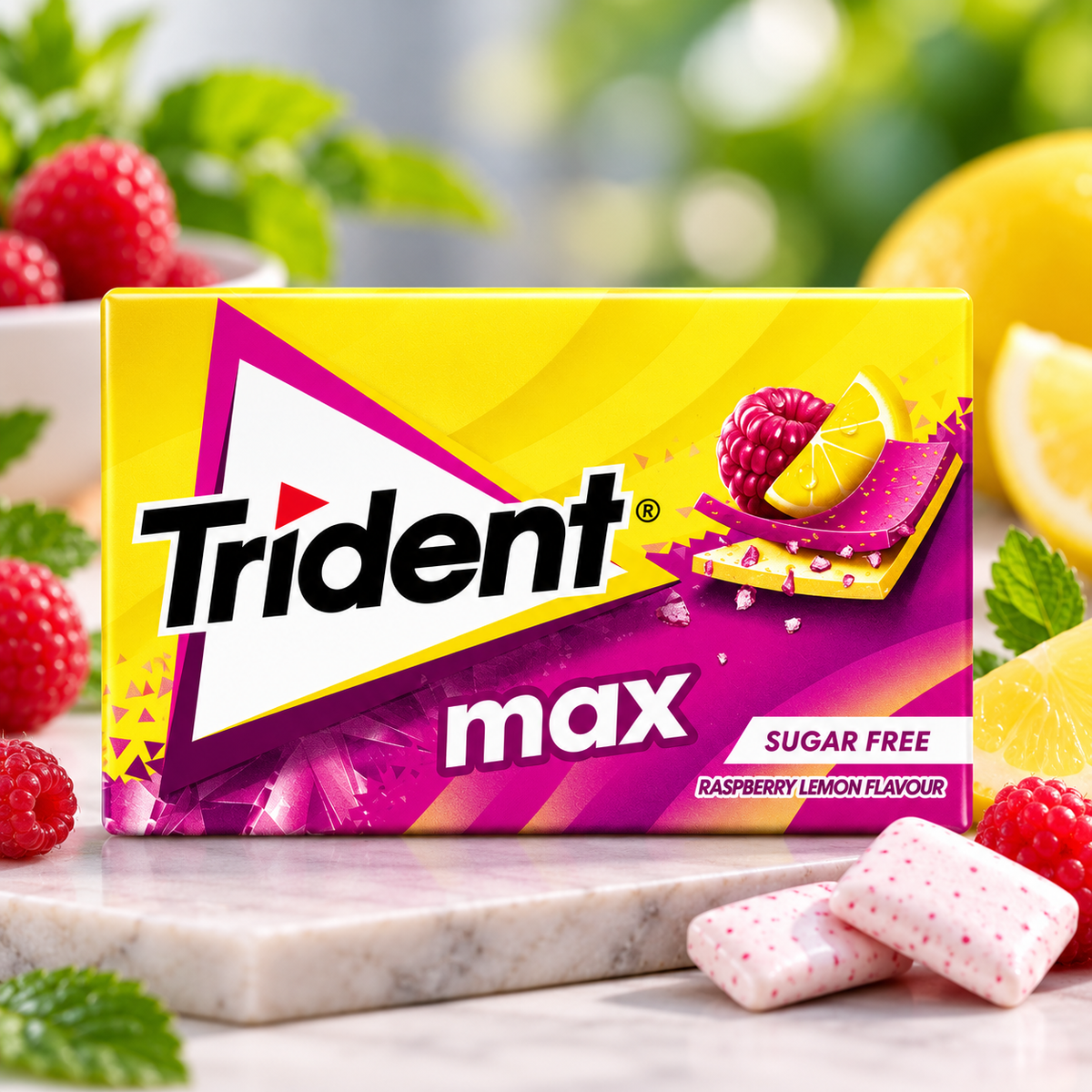 Trident Max Sugar Free Raspberry Lemon Chewing Gum – Trident Max Sem Açúcar Pastilha Elástica Framboesa e Limão – Chicle Trident Max Sin Azúcar Frambuesa y Limón