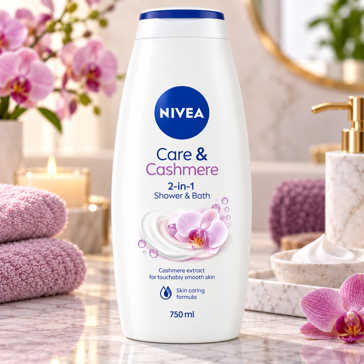 NIVEA Care & Cashmere 2-in-1 Shower & Bath 750 ml – Gel de Banho 2 em 1 Care & Cashmere 750 ml – Gel de Ducha y Baño 2 en 1 Care & Cashmere 750 ml