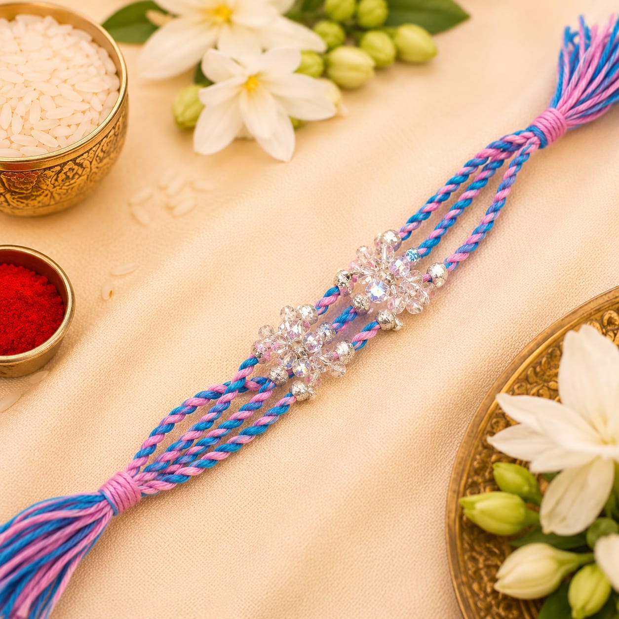 Pink & Blue Crystal Flower Beaded Rakhi