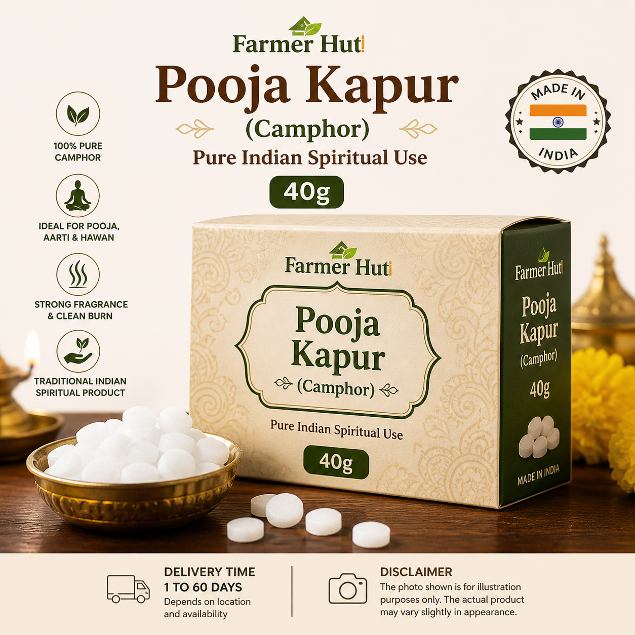 Pooja Farmer Hut Kapur (Camphor) 40g – Pure Indian Spiritual Use - FarmerHut