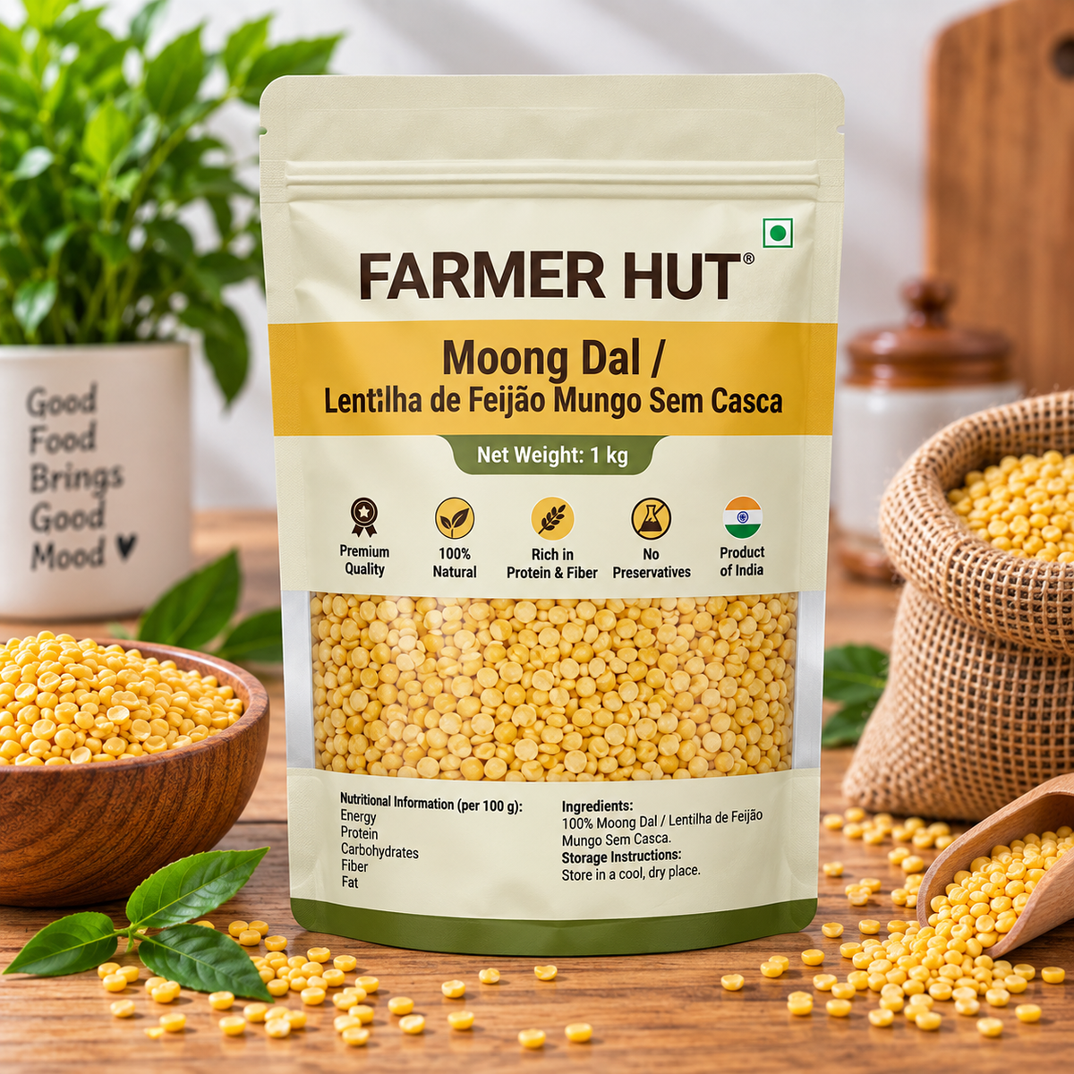 Moong Dal (Split Green Gram) – 1 kg | Premium Quality | Farmer Hut( LENTILHA DE FEIJAO MUNGO SEM CASCA) - FarmerHut