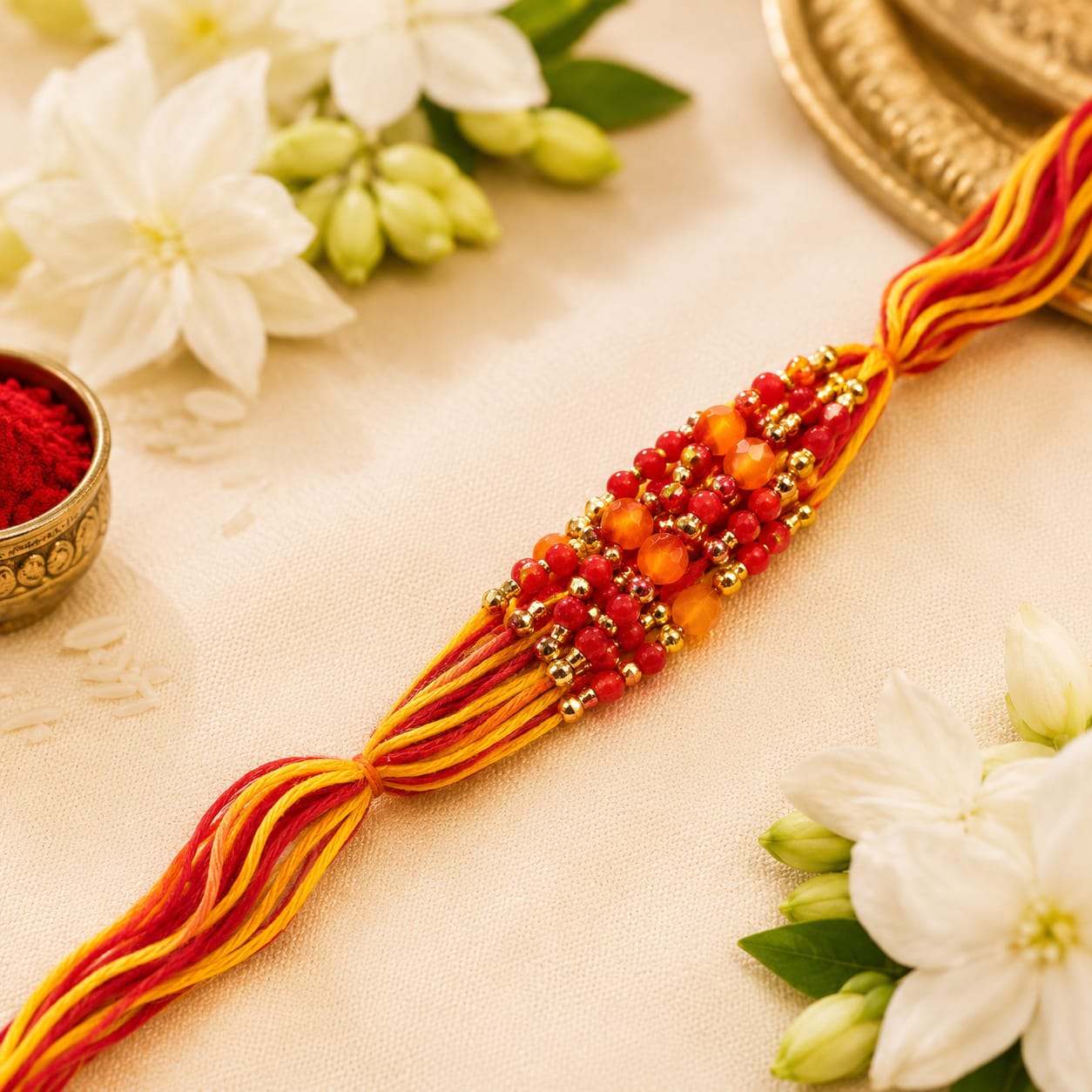 Traditional Red & Yellow Beaded Rakhi with Golden Accents