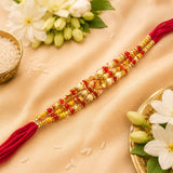Red & Gold Multicolor Beaded Rakhi with Pearl Accents