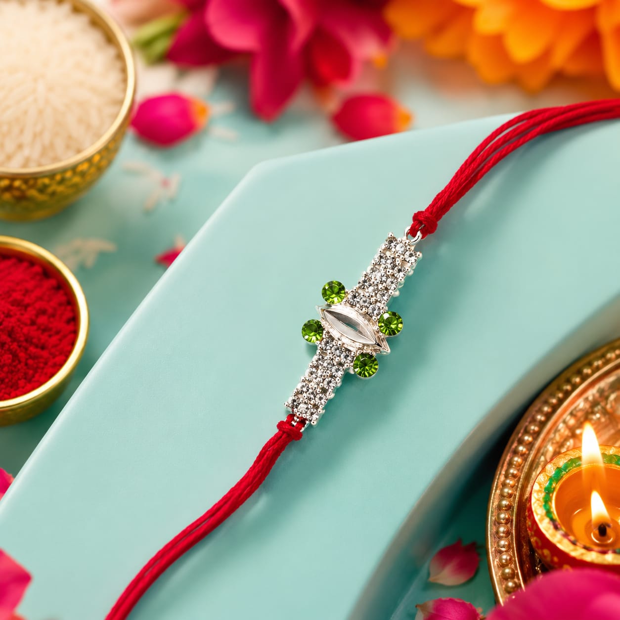 Silver Rakhi with Green Stone & Red Thread