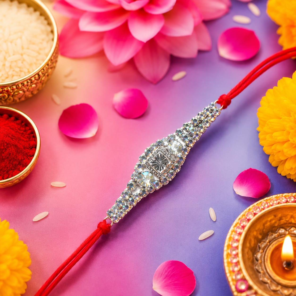 Elegant Silver Crystal Rakhi with Red Thread